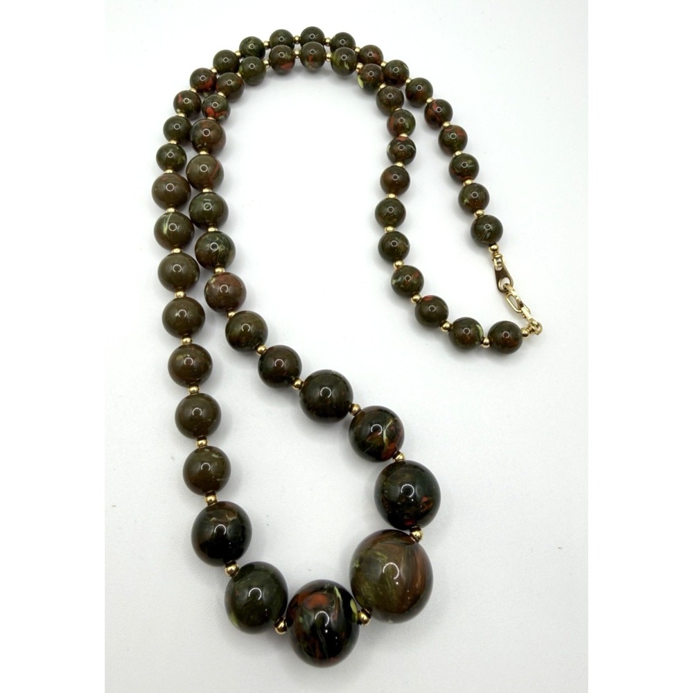 Vintage Spinach Marbled Lucite Necklace Graduated Green Pink Swirl Beads 24"